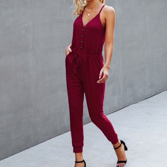 Drawstring Button Front Cami Jumpsuit Boho Olive - Picture 3 of 10